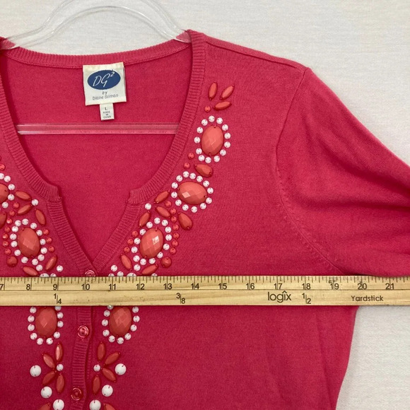 DG2 by Diane Gilman Pink Embellished Button Lightweight Knit Cardigan Large - Picture 6 of 10